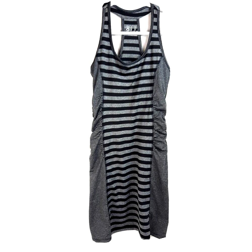 Lola By AFG Rouched Side Racer Back Mini Dress XS Black Gray Striped Athletic